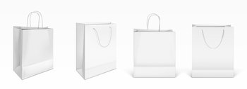 White paper shopping bags front and angle view. Vector realistic mockup of blank packet with handles isolated on white background. Template for corporate design on cardboard bag for store or market. Vector mockup of white paper shopping bags