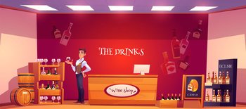 Sommelier in wine shop holding wineglass in hand. Seller examine beverage in store interior with alcohol drink bottles stand on wooden shelves, counter desk and billboard. Cartoon vector illustration. Sommelier in wine store holding wineglass in hand