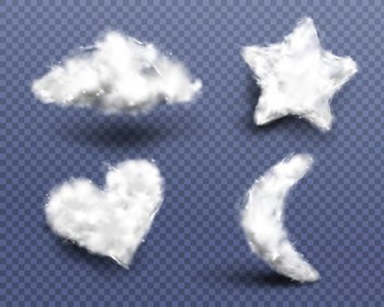 Realistic cotton wool, clouds or wadding balls set isolated on transparent background. Smooth soft pieces of white fluffy material, pure fiber in shape of heart, star and moon 3d vector icons, clipart. Realistic cotton wool, clouds or wadding balls set