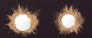 Dust explosion with white round banner. Splashes of brown powder isolated on transparent background. Vector realistic clouds of sand or dry dirt, burst effect with copy space for text. Vector dust explotion with white banner