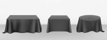 Black tablecloth on round square tables. Vector realistic mockup of empty dining desk with blank linen cloth with drapes for banquet restaurant, holiday event or dinner. Template with fabric cover. Vector realistic black tablecloth on tables
