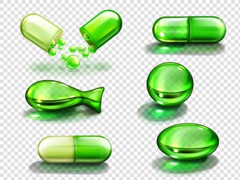 Green capsules with vitamin, collagen or medicine. Vector realistic set of medical pill different shapes, food supplement with fish oil, vitamin E, A or Omega 3 isolated on transparent background. Green capsule with vitamin, collagen or medicine