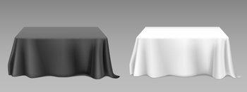 White black tablecloth on square tables. Vector realistic mockup of empty dining desk with blank linen cloth with drapes for banquet restaurant, holiday event or dinner. Template with fabric cover. Vector realistic white tablecloth on tables