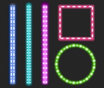 Led strips, neon light glowing luminescence decorative tape borders, green, blue, pink and purple ribbons, square and round frames with glare and lighting flashes. Realistic 3d vector illustration set. Led strips, neon light ribbons, borders and frames