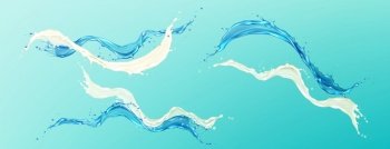 Horizontal splashes of water and white cream on blue background. Vector realistic set of liquid waves of flowing drinks, water and milk flows together. Combination of fluids for cosmetics. Vector horizontal splash of water and white cream