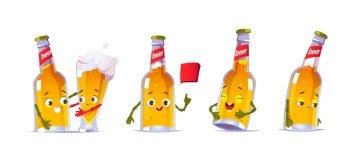 Cute beer bottle character in different poses. Vector set of cartoon funny mascot, lager pint personage laughs, sad, talk with speech bubble and hugs with glass of beer. Cute beer bottle character with glass