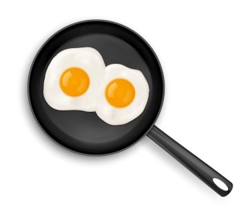Fried eggs on frying pan top view isolated on white background. Delicious omelette healthy easy breakfast, fresh homemade meal. Traditional breakfast, International cuisine food. Realistic 3d vector. Fried eggs on frying pan top view isolated food