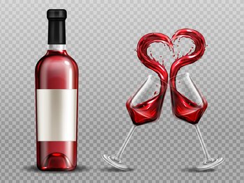 Red wine heart splash in wineglasses and close bottle. Full glasses with alcohol drink clinking isolated on transparent background. Valentine day or romantic dating realistic 3d vector illustration. Red wine heart splash in wineglasses and bottle