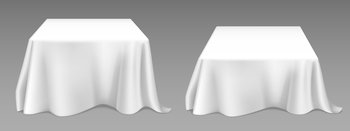 White tablecloth on square tables. Vector realistic mockup of empty dining desk with blank linen cloth with drapes for banquet restaurant, holiday event or dinner. Template with fabric cover. Vector realistic white tablecloth on tables