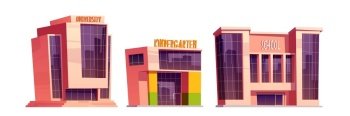 Buildings of school, kindergarten and university isolated on white background. Vector cartoon set of education houses, exterior of college, primary or elementary school, daycare. Buildings of school, kindergarten and university