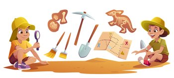 Kids playing in archaeologists working on paleontology excavations digging soil with shovel and exploring artifacts with magnifying glass. Children study dinosaurs fossil. cartoon vector illustration. Kids playing in archaeologists working excavations