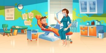 Child at dentist office. Little boy patient at dental clinic for kids, female doctor in medic robe and mask sitting at chair with mirror for teeth and oral cavity checkup. Cartoon vector illustration. Child patient at dentist office or dental clinic