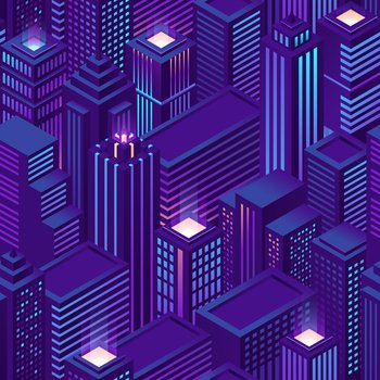 Seamless pattern of isometric city with skyscrapers and office buildings at night. Vector purple background with architecture of business houses and apartments. Cityscape of modern downtown. Seamless pattern isometric city with skyscrapers