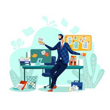 Deadline and time management business concept vector. Happy worker sits at desk, drinks coffee or tea during work break, checks his tasks. Fixed task or to-do list on board time planning method. Deadline, time management business concept vector