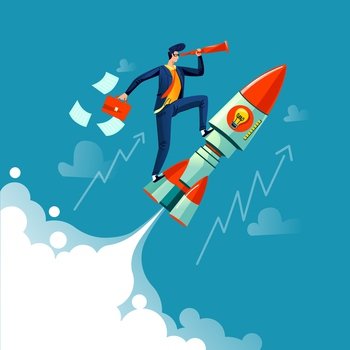 Businessman flying on rocket on background of sky, clouds and growth arrows, business concept cartoon vector. Successful leader with spyglass and briefcase in hands flies on speed spaceship, startup. Businessman flying on rocket business concept