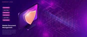 Data protection concept, online security guarantee isometric vector. Computer monitor, golden shield guards personal information on its screen, purple background with digital data stream, landing page. Data protection concept, online security guarantee