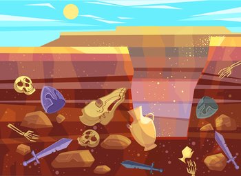Archaeological excavations, cartoon vector illustration. Desert landscape with sand dunes, bright sun and dug pit. Underground soil with fossils and ancient artifacts in them, cross section. Archaeological excavations in desert landscape