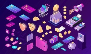 Money transfer icons big set, isometric concept vector illustration. Golden shield and coins, credit bank and loyalty cards, wallet, ATM, payment terminal, shopping cart isolated on purple background. Money transfer icons big set, isometric