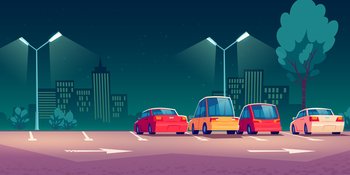 Cars on city parking with street lights at night. Vector cartoon illustration with modern automobiles parked in town and cityscape on background. Urban landscape with road, vehicles and buildings. Cars on city street parking at night