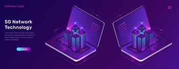 5G network technology, isometric concept vector illustration. Smart city, buildings with symbol wireless internet, open laptop icon isolated on ultraviolet background. High speed internet web page. 5G network technology, isometric concept