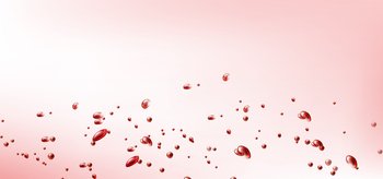 Flying red drops on pink background. Vector realistic illustration of splashing blood, wine, cherry juice or liquid watercolor ink. Blood donation concept. Vector flying red drops of blood or wine