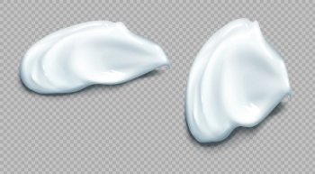 Cosmetic or sour cream smear realistic set of vector illustrations. Cosmetic face mask or serum texture smudge swatch, wavy puddle of yogurt or cottage cheese isolated on transparent background. Cosmetic or sour cream smear realistic set
