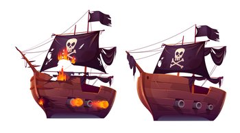 Sea battle of retro wooden ships vector cartoon. Fight of pirate galleon or attack frigate, sailboat. Corsairs with black flag, broken ship in fire with cannons isolated on white background. Sea battle of wooden ship, pirate sailboat