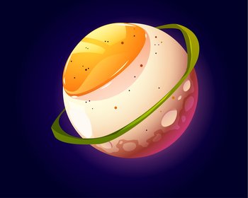 Egg planet in outer space. funny food sphere with fried ovum texture and green ring. Comic fantasy tasty galaxy world, fantastic astronomy sci-fi background for UI game, cartoon vector illustration. Egg planet in outer space. funny food ovum sphere