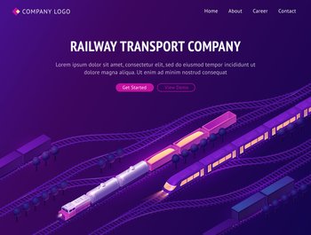 Railway transport company isometric landing page. Passenger vehicle and cargo train riding on railroad, freight logistics and high-speed express transportation service, industry 3d vector web banner. Railway transport company isometric landing page