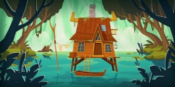 Stilt house in swamp with boat. Marsh landscape with old hut. Vector cartoon illustration of wild rain forest with lake, pond or bog with wooden house. Stilt house in swamp with boat