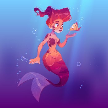 Cute mermaid with little fish underwater in sea. Vector cartoon person, beautiful girl fish with red hair and tail in ocean water with bubbles. Fairy tale or mythology character, pretty mermaid. Cute mermaid with little fish underwater in sea