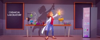 Chemical laboratory interior with scientific equipment, glass flasks, tubes and beakers, blackboard on wall. Vector cartoon illustration with woman chemist doing science research, medical test in lab. Chemist with flask in scientific laboratory