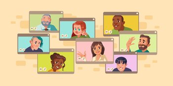 Diverse people virtual online video conference, multiple computer screens with multiracial characters chatting. Business colleagues or friends meeting, distant communication, Cartoon illustration. Diverse people virtual online video conference