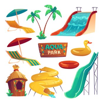 Aqua park with water slides, inflatable rings, umbrellas and lounger. Vector cartoon set of resort aquapark on sea beach or swimming pool with spiral pipe and waterslides isolated on white background. Aqua park with water slides and inflatable rings