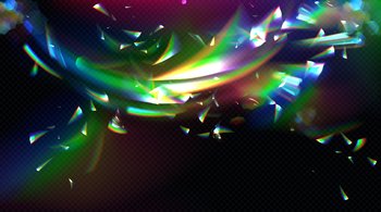 Rainbow crystal light, prism flare reflection, lens refraction, glass, jewelry or gem stone glare, optical physics effect isolated on black and transparent background, Realistic 3d vector illustration. Rainbow crystal light, prism flare reflection lens