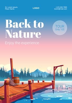 Wooden pier on river or lake with forest and mountains on horizon. Rest at nature, travel tour poster. Vector flyer with cartoon landscape of sea with wharf for fishing at dawn or sunset. Wooden pier on lake with forest and mountains