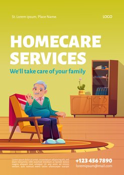 Homecare services poster. Concept of social aid and care for old patients at home. Vector flyer with cartoon illustration of happy elder man sitting in armchair in his house. Homecare services poster, home care for elders