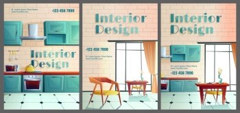Interior design cartoon banners. Home or cafe kitchen with appliances for cooking and furniture, served table near large window, oven, range hood, designing service. Cartoon vector ad posters, flyers. Interior design cartoon banners home, cafe kitchen