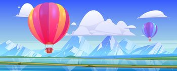Hot air balloons fly above mountain landscape with lake and green meadows in valley. Vector cartoon illustration with flying colorful airships with baskets in sky, snow peaks, river and grassland. Hot air balloons fly above mountain valley