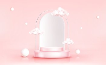 Podium with clouds, abstract background with geometric spheres, empty cylindrical stage for award ceremony or product presentation platform, pedestal on pink backdrop, Realistic 3d vector concept. Podium with clouds, abstract background, pedestal
