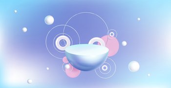 Abstract background with 3d geometric shapes on blue backdrop, pearls, hemisphere, pink and white cylinders or circles with silver rings, Realistic vector banner for presentation or ads promotion. Abstract background with 3d geometric shapes.