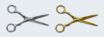 Scissors of silver and gold metal with open blades top view. Barber shares stationery for haircutting, beauty salon or tailor atelier tool. Design graphics element Realistic 3d vector isolated icons. Scissors of silver and gold metal with open blades