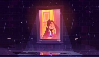 Unhappy lonely girl with smartphone by window in house at rainy night. Vector cartoon illustration of sad woman sitting at city home alone. Concept of sadness, solitude, isolation. Unhappy lonely girl with smartphone by window