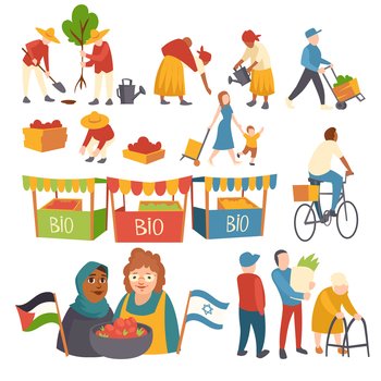Set of icons people planting trees, harvesting crop on field, mother with child, women with crop holding Palestinian and Israeli flags, bio products in market booths cartoon flat vector illustration. Set of flat icons people planting trees, crop