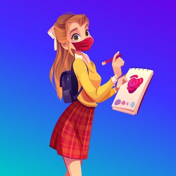 Woman painter in face mask with notebook and pencil. Girl student drawing pink heart in album. Vector cartoon girl with backpack, paper and marker. Young woman in medical mask create sketch. Woman painter in face mask draw in album