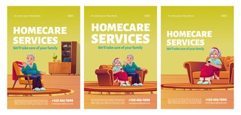 Homecare services posters. Social aid and care for old patients at home concept. Happy senior couple man and woman sitting in armchair or sofa in their house, Cartoon vector illustration, flyers set. Homecare services posters. Social aid for seniors