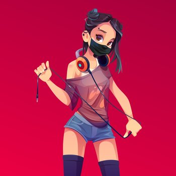 Dj girl in black mask, modern clothes, hairstyle and piercing holding wire of headphones hang on neck. Young sexy caucasian teen woman disc jockey in shorts and stockings. Cartoon vector illustration. Dj girl in black mask, modern clothes, disc jockey