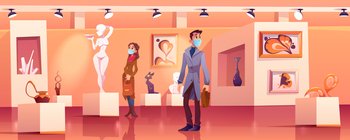 Visitors wear medic masks in museum with modern artworks. Art gallery interior with contemporary exhibition and tourists during coronavirus pandemic. People look exposition cartoon vector illustration. Visitors wear medic masks in museum with artworks