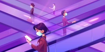 People in medical masks on escalators in mall. Moving staircase, automatic ladder carrying men and women up and down during covid 19 pandemic. Woman with phone on elevator, Cartoon vector illustration. People in medical masks on escalators in mall