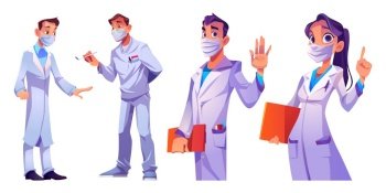 Doctors and nurses in face masks. Hospital or clinic medical staff in professional uniform. Vector cartoon set of people in white coat, specialists in medicine, physicians, surgeons and dentists. Doctors and nurses, medical staff in face masks
